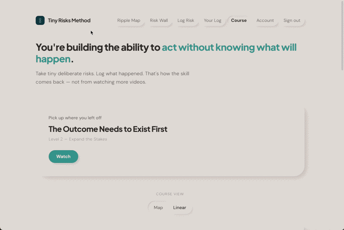 Tiny Risks course dashboard — pick up where you left off and switch between map and linear views