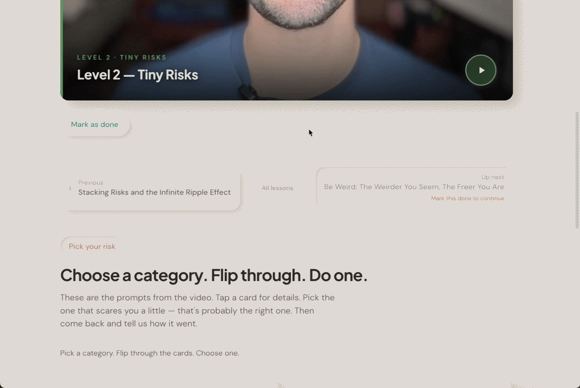 Tiny Risks lesson page — pick a category, flip through prompt cards, choose a risk